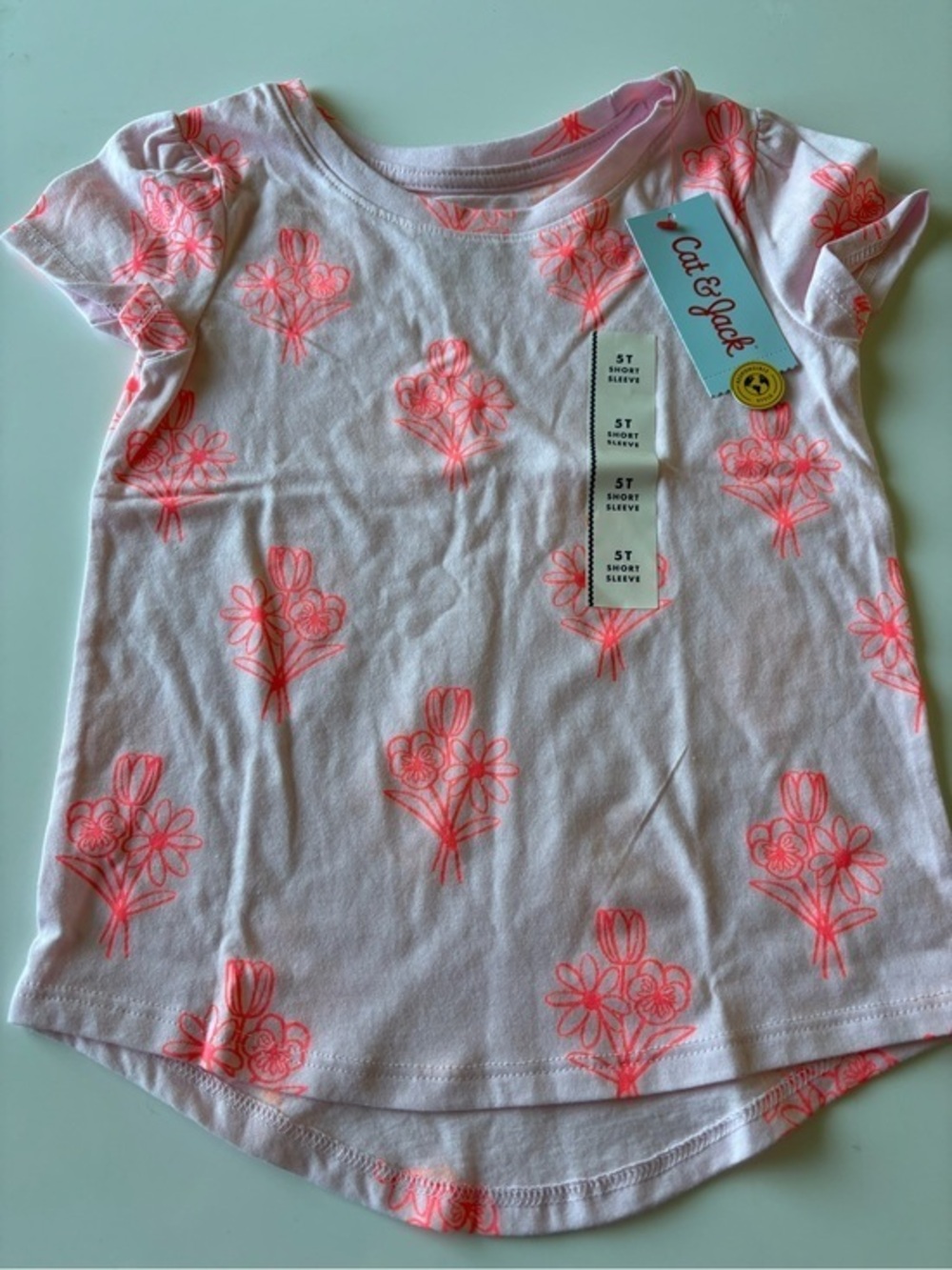 Cat & Jack Light Pink Tee with Neon Coral Floral Print